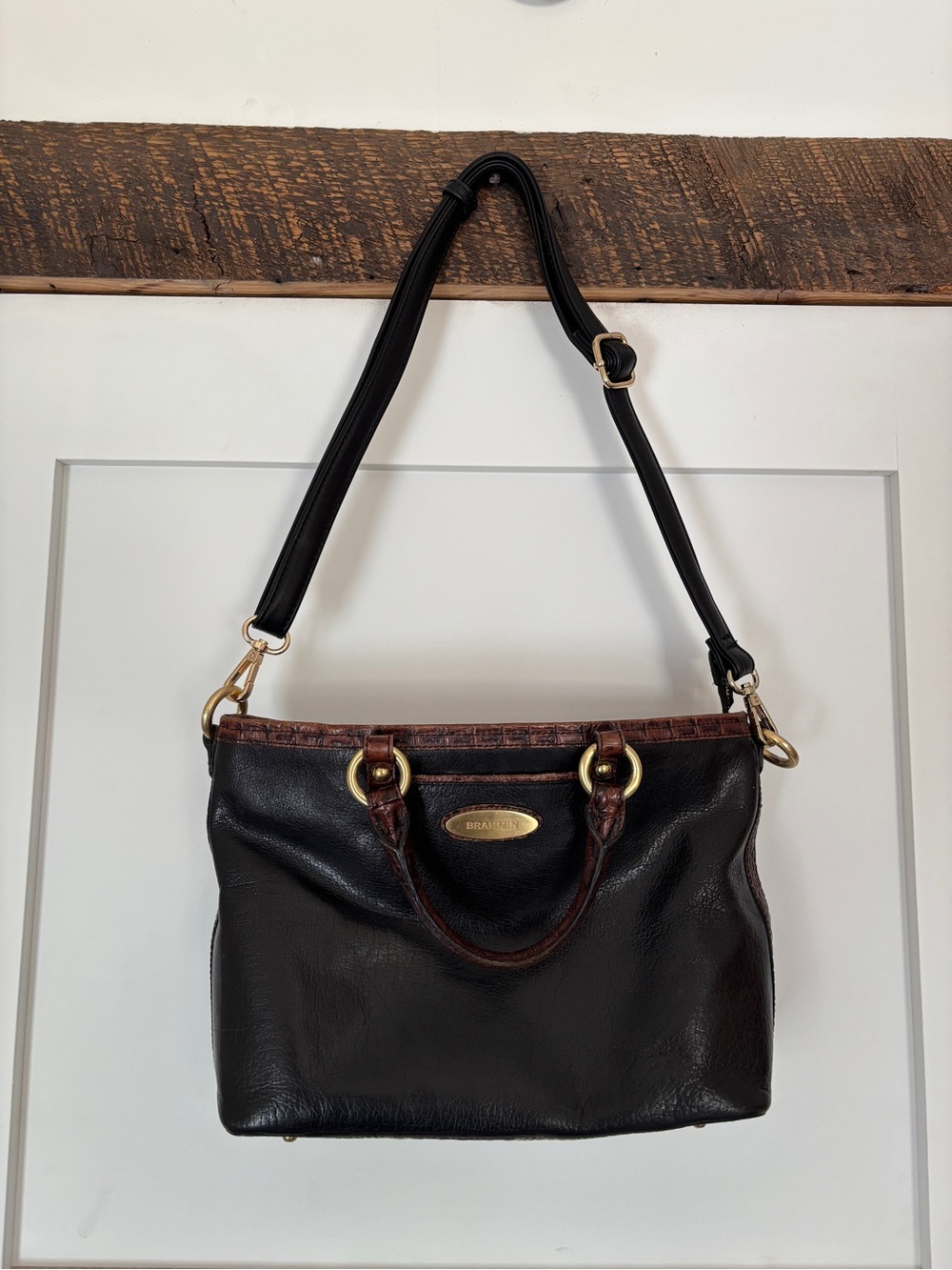 Brahmin Black leather tote with crocodile leather handle